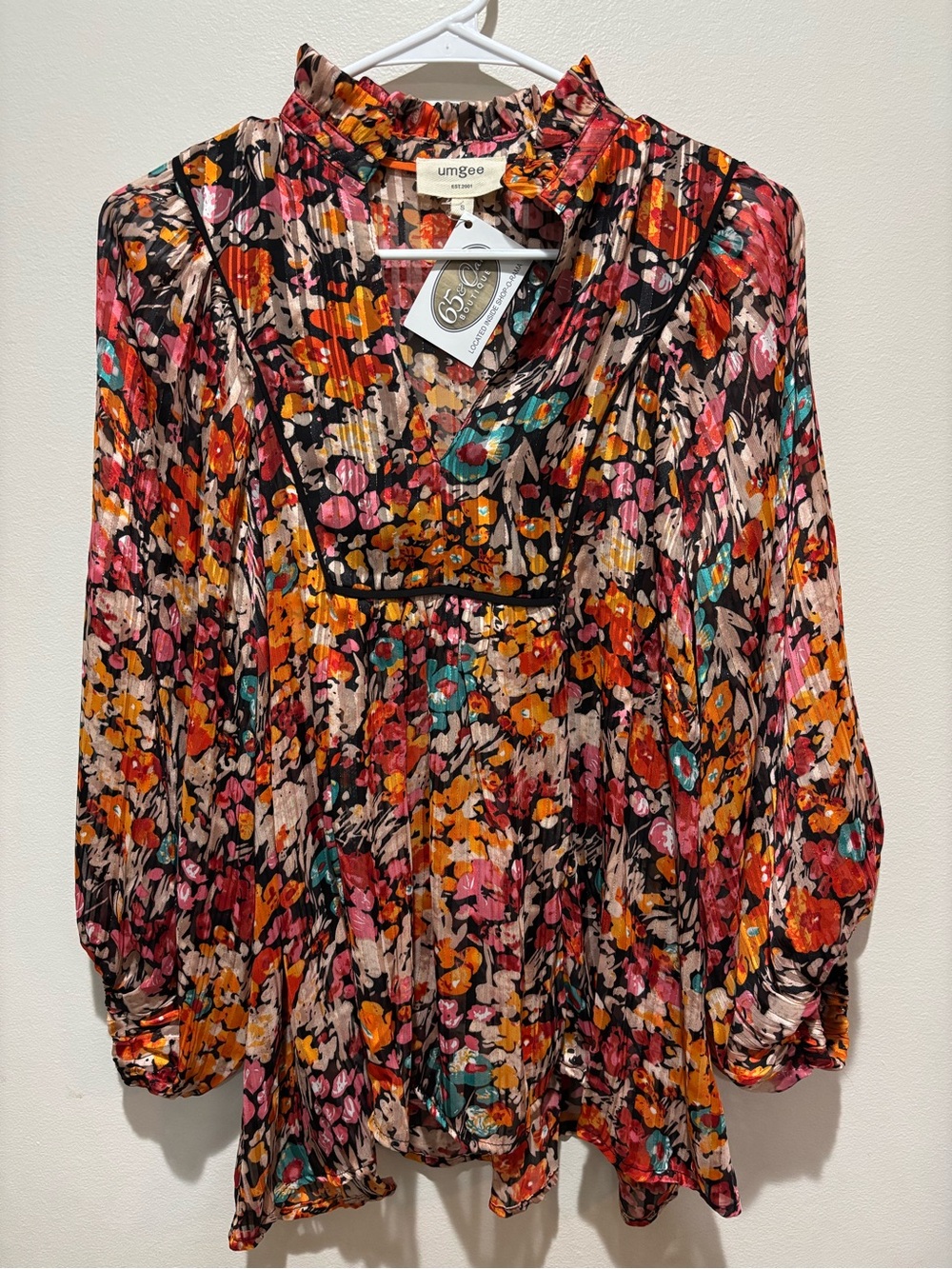 Umgee Multicolor Floral Ruffle V-Neck Blouse Metallic Fall Botanical Flowy